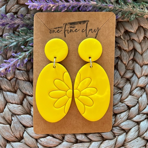 Bright Yellow Clay Flower Oval Earrings - Picture 2 of 7